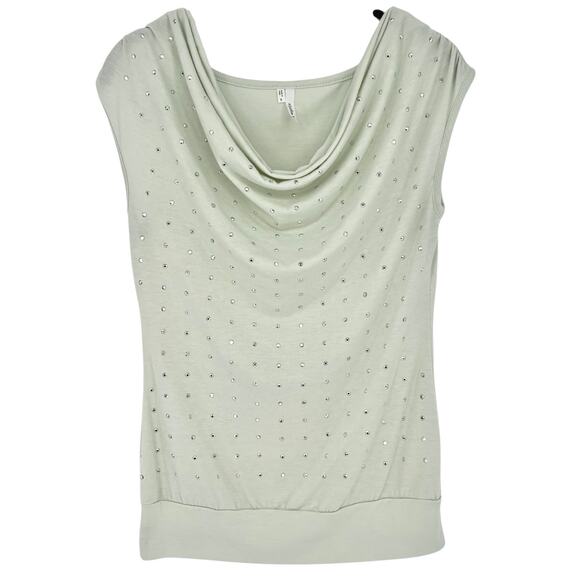 Studio Y Light Green Rhinestone Y2L Faux Cowl Neck Top Size S - Picture 2 of 4